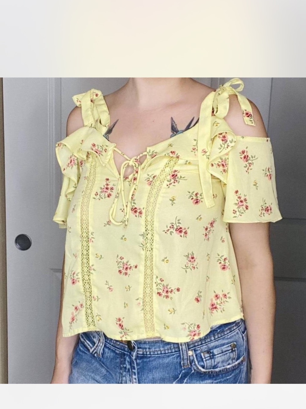 H&M Yellow Floral Cold-Shoulder Tie-Strap Women's Top